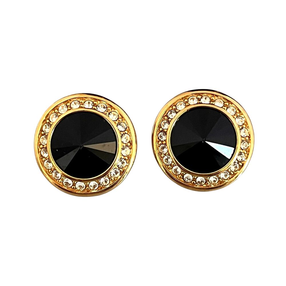 Vintage 1980s Swarovski Earrings Black Rivoli Crystal Clip On Gold Tone - 10K